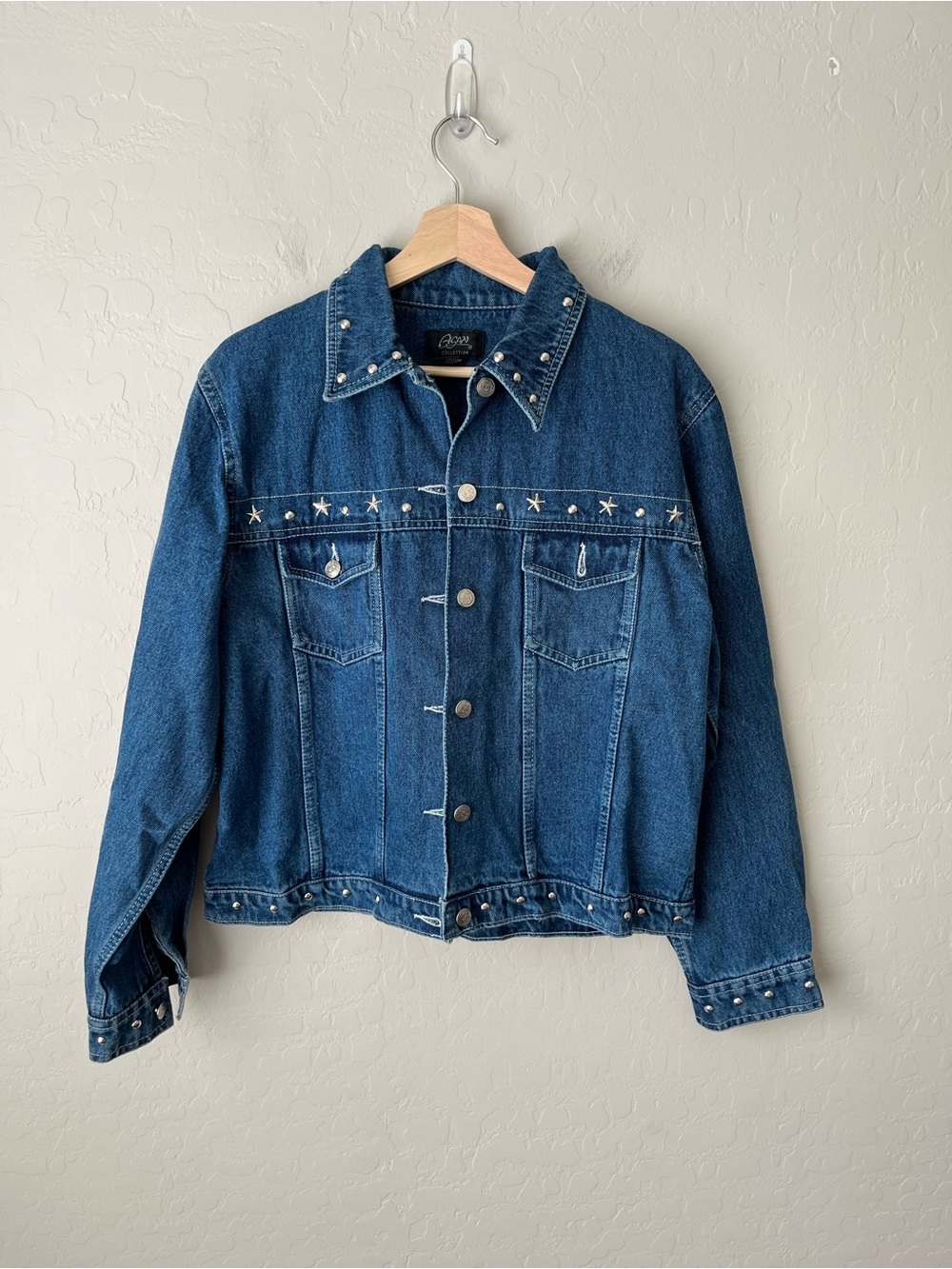 Vintage 80s Star Rivets Western Boho Denim Jean Jacket Size Large Medium Wash - Picture 3 of 5